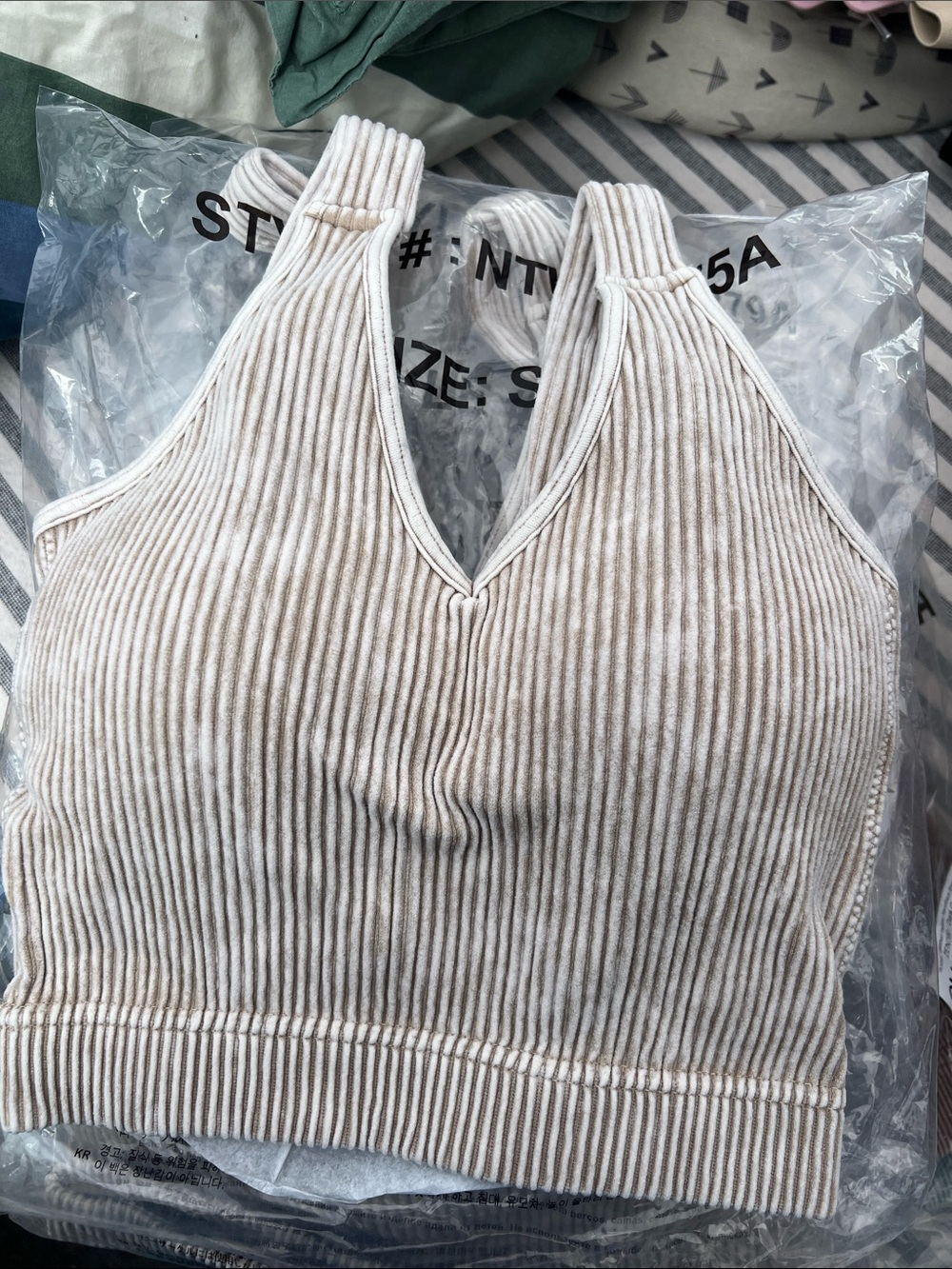 Zenana Outfitters Ribbed Halter Crop Top - Beige Stripe